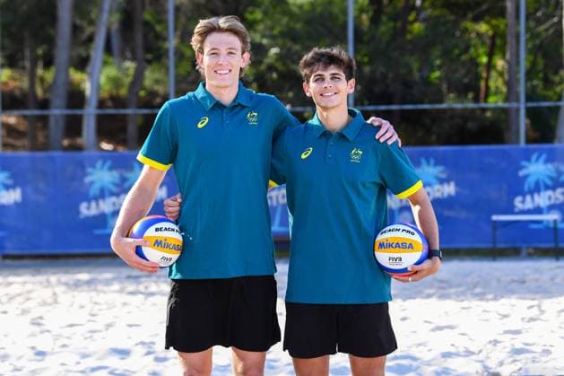 AUSTRALIAN OLYMPIC Beach volleyball, Beachvolleyball TEAM, Izac Carracher and Mark Nicolaidis pose for a photo after being announced for the final selection of Australian Olympic Team beach volleyballers for the Paris Olympics at the Sandstorm Beach Volleyball Centre in Brisbane, Thursday, July 4, 2024. ( NO ARCHIVING, EDITORIAL USE ONLY, NO USE IN BOOKS WITHOUT CONSENT BRISBANE QUEENSLAND AUSTRALIA  Copyright: xJONOxSEARLEx 20240704158219718290