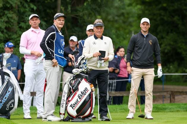 l-r: Marcel Siem (GER), Bernhard Langer (GER), Martin Kaymer (GER), BMW International Open 2024, Golf, DP World Tour, Herren, Runde 1, 04.07.2024 Eichenried Bayern Deutschland