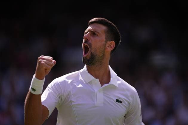 Serbia s Novak Djokovic celebrates a winning point against Britain s Jacob Feamley during their men s singles tennis match on the fourth day of the 2024 Wimbledon Championships at The All England Lawn Tennis and Croquet Club in Wimbledon, southwest London, on July 4, 2024.  Copyright: xHiroshixSatox