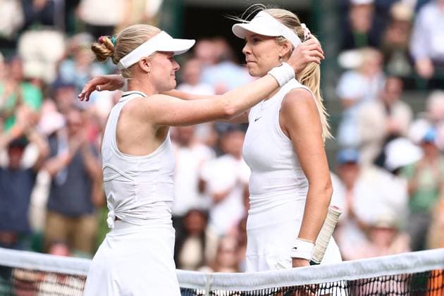 4th July 2024; All England Lawn Tennis and Croquet Club, London, England; Wimbledon Tennis Tournament, Day 4; Harriet Dart (GBR) embraces Katie Boulter (GBR) after she defeats her in her second round match  ActionPlus12663680 ShaunxBrooks