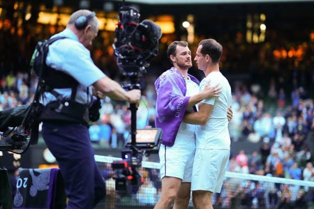 Andy Murray hugs brother Jamie Murray after his tribute ceremony on Centre Court Wimbledon Tennis Championships, Day 4, The All England Lawn Tennis and Croquet Club, London, UK - 04 Jul 2024  Copyright: xJavierxGarcia Shutterstockx 14569389jw