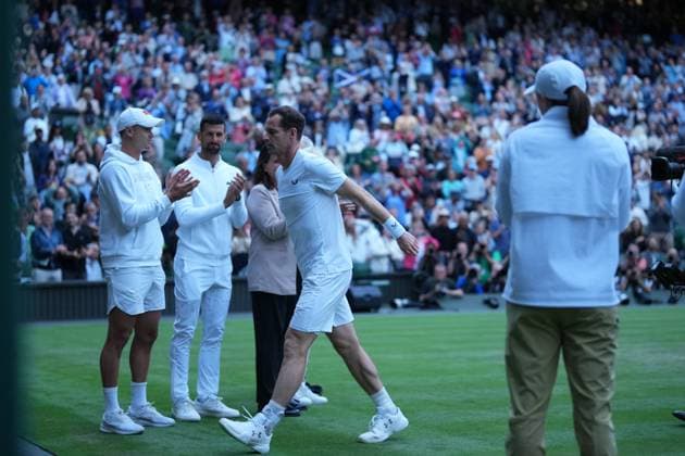 LONDON, ENGLAND - JULY 04: Andy Murray of Great Britain in his last match at Wimbledon plays with Jamie Murray of Great Britain against Rinky Hijikata and John Peers of Australia in the Gentlemenâ€™s Doubles first round match during day four of The Championships Wimbledon 2024 at All England Lawn Tennis and Croquet Club on July 04, 2024 in London, England.  Copyright: xHiroshixSatox