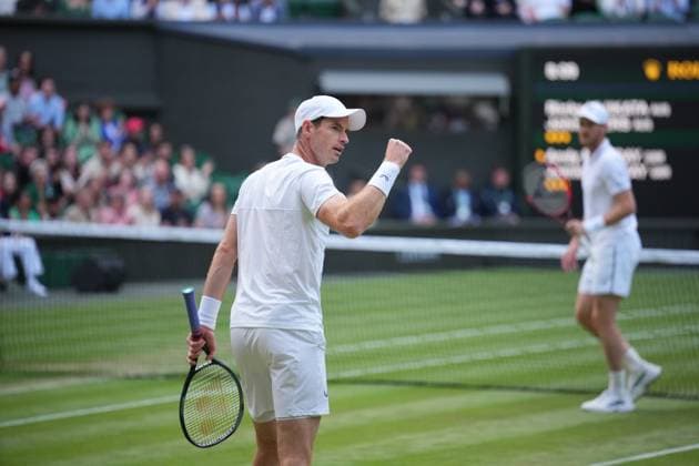 LONDON, ENGLAND - JULY 04: Andy Murray of Great Britain in his last match at Wimbledon plays with Jamie Murray of Great Britain against Rinky Hijikata and John Peers of Australia in the Gentlemenâ€™s Doubles first round match during day four of The Championships Wimbledon 2024 at All England Lawn Tennis and Croquet Club on July 04, 2024 in London, England.  Copyright: xHiroshixSatox
