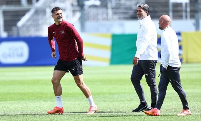 EURO 2024, Nationalteam Schweiz Training Granit Xhaka of Switzerland jokes with Switzerland manager Murat Yakin Switzerland Training, UEFA European Championship, EM, Europameisterschaft 2024, Quarter Final, Football, Stadion auf der Waldau, Stuttgart, Germany, 05 Jul 2024 EDITORIAL USE ONLY No use with unauthorised audio, video, data, fixture lists, club league logos or live services. Online in-match use limited to 120 images, no video emulation. No use in betting, games or single club league player publications.  Copyright: xMichaelxZemanek Shutterstockx 14571352h