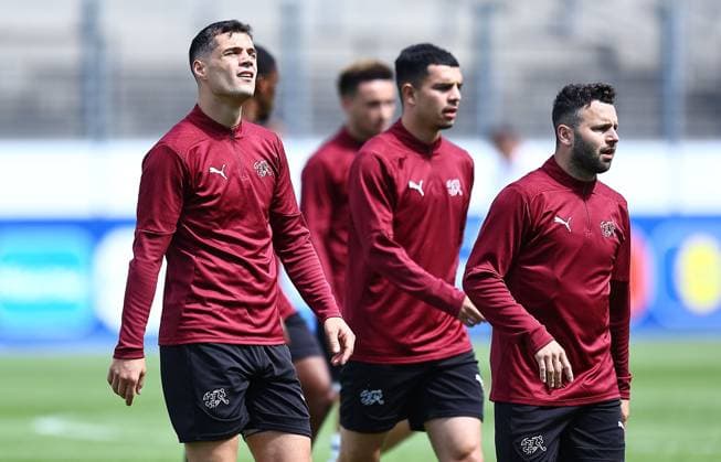 EURO 2024, Nationalteam Schweiz Training Granit Xhaka of Switzerland Switzerland Training, UEFA European Championship, EM, Europameisterschaft 2024, Quarter Final, Football, Stadion auf der Waldau, Stuttgart, Germany, 05 Jul 2024 EDITORIAL USE ONLY No use with unauthorised audio, video, data, fixture lists, club league logos or live services. Online in-match use limited to 120 images, no video emulation. No use in betting, games or single club league player publications.  Copyright: xMichaelxZemanek Shutterstockx 14571352aq