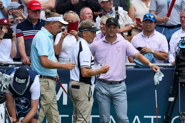 Marcel Siem (GER), Bernhard Langer (GER), Martin Kaymer (GER) am Abschlag, Tee, BMW International Open 2024, Golf, DP World Tour, Herren, Runde 2, 05.07.2024 Eichenried Bayern Deutschland