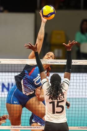 (240705) -- MANILA, July 5, 2024 -- Diana Reyes (L) of Puerto Rico spikes the ball during the match between Puerto Rico and Kenya at the FIVB Women s Volleyball Challenger Cup 2024 in Manila, the Philippines, on July 4, 2024. ) (SP)PHILIPPINES-MANILA-VOLLEYBALL-FIVB WOMEN S CHALLENGER CUP 2024-PUERTO RICO VS KENYA ROUELLExUMALI 