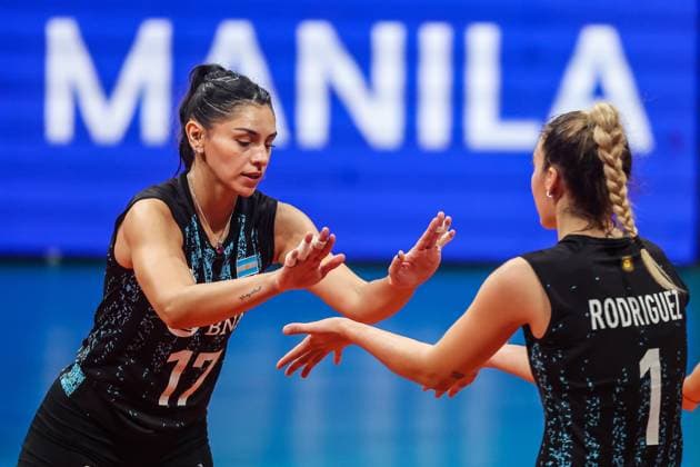 (240705) -- MANILA, July 5, 2024 -- Elina Maria Rodriguez (R) and Candelaria Lucia Emilia Herrera Rodriguez of Argentina celebrate after scoring a point during the match between the Czech Republic and Argentina at the FIVB Women s Volleyball Challenger Cup 2024 in Manila, the Philippines, July 5, 2024. ) (SP)PHILIPPINES-MANILA-VOLLEYBALL-FIVB WOMEN S CHALLENGER CUP 2024-CZECH REPUBLIC VS ARGENTINA ROUELLExUMALI 