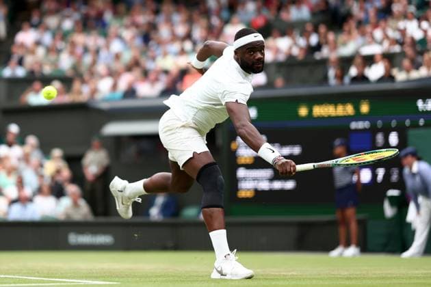 5th July 2024; All England Lawn Tennis and Croquet Club, London, England; Wimbledon Tennis Tournament, Day 5; Frances Tiafoe (USA) in action during his third round match against Carlos Alcaraz (ESP)  ActionPlus12664155 ShaunxBrooks