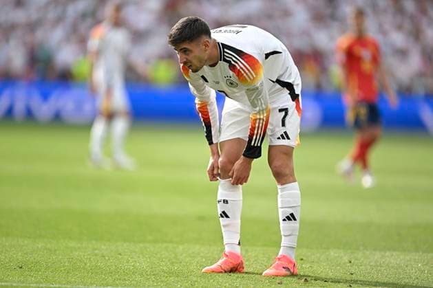05.07.2024, Fussball UEFA EURO, EM, Europameisterschaft,Fussball 2024, Viertelfinale, Spanien - Deutschland, in der Stuttgart-Arena. Kai Havertz (Deutschland) nachdenklich
