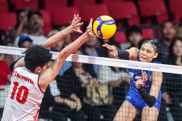 (240705) -- MANILA, July 5, 2024 -- Angel Anne Camino (R) of the Philippines spikes the ball during the match between Vietnam and the Philippines at the FIVB Women s Volleyball Challenger Cup 2024 in Manila, the Philippines, on July 5, 2024. ) (SP)PHILIPPINES-MANILA-VOLLEYBALL-FIVB WOMEN S CHALLENGER CUP 2024-VIETNAM VS PHILIPPINES ROUELLExUMALI 
