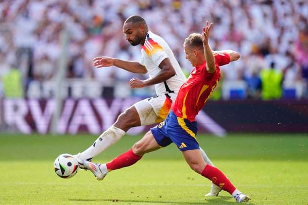 Spain v Germany: Quarter-Final - UEFA EURO, EM, Europameisterschaft,Fussball 2024 Dani Olmo attacking midfield of Spain and RB Leipzig and Jonathan Tah centre-back of Germany and Bayer 04 Leverkusen compete for the ball during the UEFA EURO 2024 quarter-final match between Spain and Germany at Stuttgart Arena on July 5, 2024 in Stuttgart, Germany. Stuttgart Germany  Copyright: xJosexBretonx originalFilename:bretonhernandez-spainvge240705_npAQp.jpg