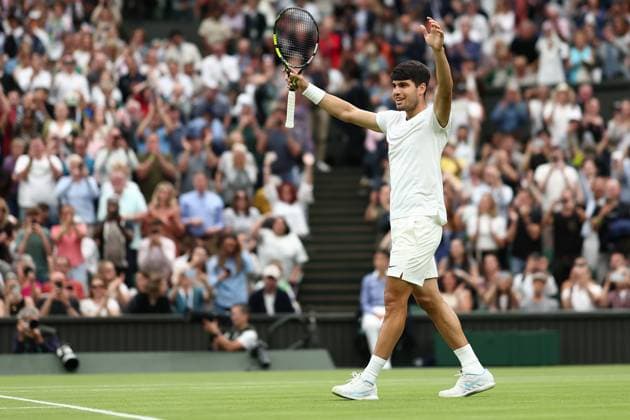 5th July 2024; All England Lawn Tennis and Croquet Club, London, England; Wimbledon Tennis Tournament, Day 5; Carlos Alcaraz (ESP) celebrates after he wins the third round match against Frances Tiafoe (USA)  ActionPlus12664208 ShaunxBrooks