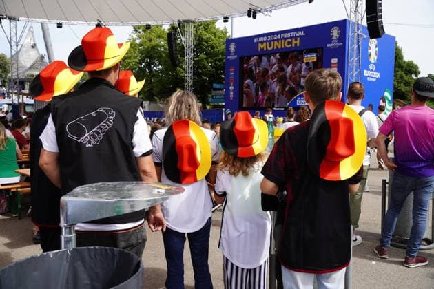Munich, Bavaria, Germany - July 5, 2024: Public viewing in the fan zone in Munich s Olympiapark for the quarter-final of UEFA EURO, EM, Europameisterschaft,Fussball 2024 Germany vs. Spain