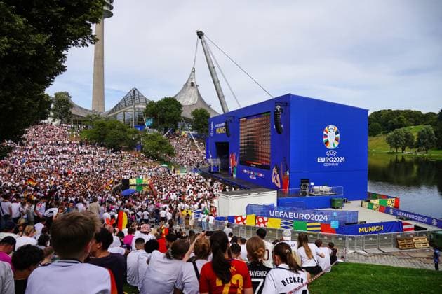 Munich, Bavaria, Germany - July 5, 2024: Public viewing in the fan zone in Munich s Olympiapark for the quarter-final of UEFA EURO, EM, Europameisterschaft,Fussball 2024 Germany vs. Spain