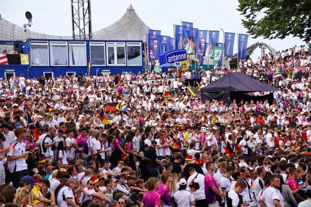 Munich, Bavaria, Germany - July 5, 2024: Public viewing in the fan zone in Munich s Olympiapark for the quarter-final of UEFA EURO, EM, Europameisterschaft,Fussball 2024 Germany vs. Spain