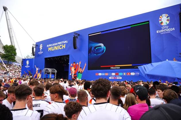 Munich, Bavaria, Germany - July 5, 2024: Public viewing in the fan zone in Munich s Olympiapark for the quarter-final of UEFA EURO, EM, Europameisterschaft,Fussball 2024 Germany vs. Spain