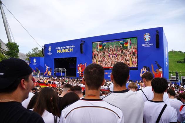 Munich, Bavaria, Germany - July 5, 2024: Public viewing in the fan zone in Munich s Olympiapark for the quarter-final of UEFA EURO, EM, Europameisterschaft,Fussball 2024 Germany vs. Spain