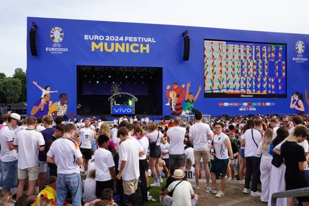 Munich, Bavaria, Germany - July 5, 2024: Public viewing in the fan zone in Munich s Olympiapark for the quarter-final of UEFA EURO, EM, Europameisterschaft,Fussball 2024 Germany vs. Spain