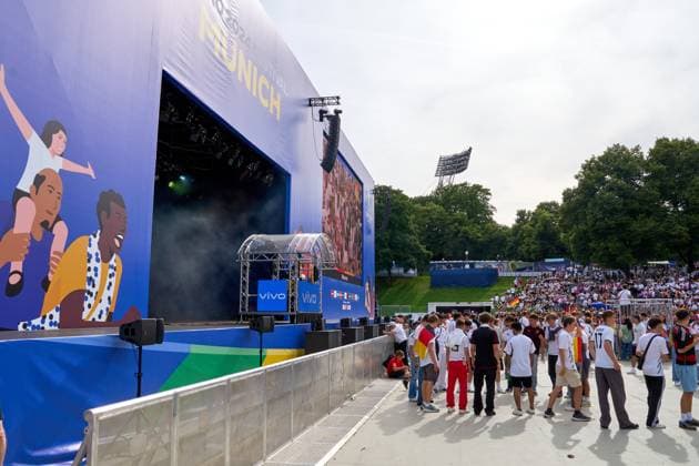 Munich, Bavaria, Germany - July 5, 2024: Public viewing in the fan zone in Munich s Olympiapark for the quarter-final of UEFA EURO, EM, Europameisterschaft,Fussball 2024 Germany vs. Spain