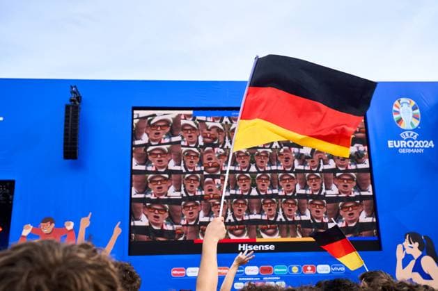 Munich, Bavaria, Germany - July 5, 2024: Public viewing in the fan zone in Munich s Olympiapark for the quarter-final of UEFA EURO, EM, Europameisterschaft,Fussball 2024 Germany vs. Spain