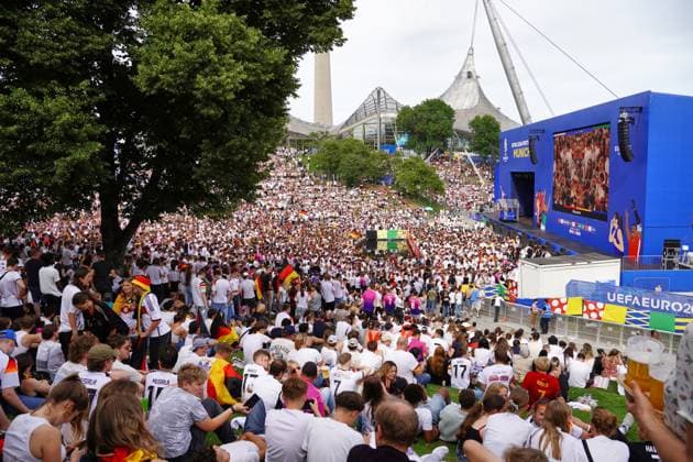 Munich, Bavaria, Germany - July 5, 2024: Public viewing in the fan zone in Munich s Olympiapark for the quarter-final of UEFA EURO, EM, Europameisterschaft,Fussball 2024 Germany vs. Spain