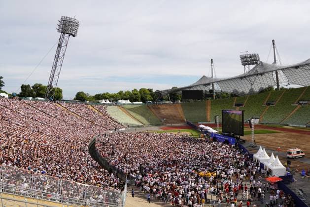 Munich, Bavaria, Germany - July 5, 2024: Public viewing in the fan zone in Munich s Olympiapark for the quarter-final of UEFA EURO, EM, Europameisterschaft,Fussball 2024 Germany vs. Spain