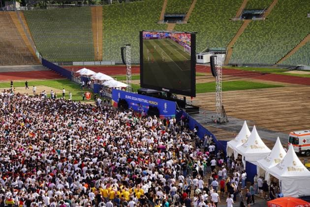 Munich, Bavaria, Germany - July 5, 2024: Public viewing in the fan zone in Munich s Olympiapark for the quarter-final of UEFA EURO, EM, Europameisterschaft,Fussball 2024 Germany vs. Spain