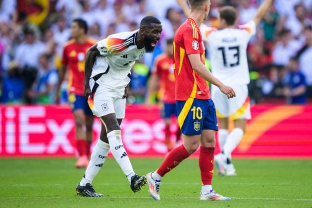 240705 Antonio Ruediger of Germany reacts during the UEFA EURO, EM, Europameisterschaft,Fussball 2024 Football Championship quarterfinal between Spain and Germany on July 5, 2024 in Stuttgart. Photo: Mathias Bergeld BILDBYRAN kod MB MB0942 fotboll football soccer fotball fotbolls-em europamästerskap em uefa euro uefa european football championship euro 2024 kvartsfinal quarterfinal quarterfinals spanien spain tyskland germany bbeng bbauto Copyright: MATHIASxBERGELD BB240705MB063