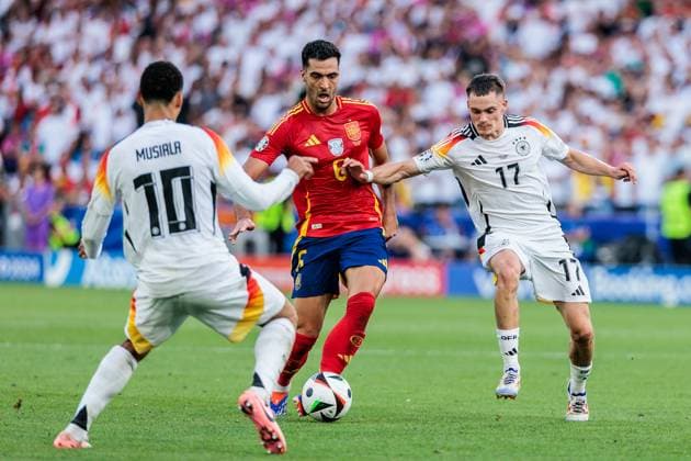 UEFA EURO, EM, Europameisterschaft,Fussball 2024: Spanien - Deutschland; 05.07.2024 Mikel Merino (Spanien, 6), Jamal Musiala (Deutschland, 10), Florian Wirtz (Deutschland, 17) UEFA EURO 2024: Spanien - Deutschland; Stuttgart Arena, Stuttgart am 05.07.2024 Copyright: xBEAUTIFULxSPORTS Wunderlx