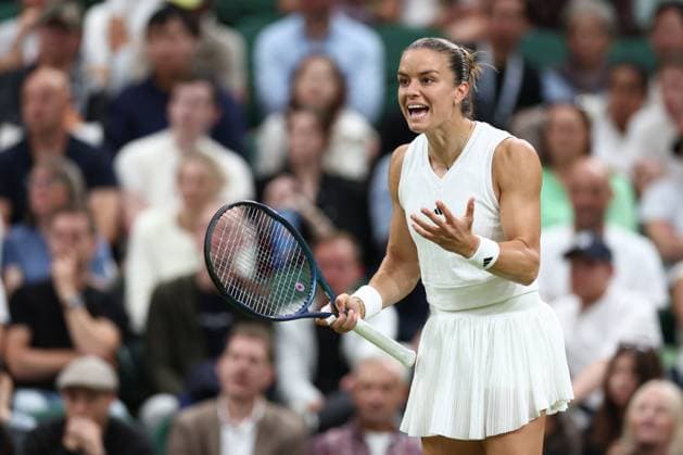 5th July 2024; All England Lawn Tennis and Croquet Club, London, England; Wimbledon Tennis Tournament, Day 5; Maria Sakkari (GRE) shows her frustration during her third round match loss against Emma Raducanu (GBR)  ActionPlus12664265 ShaunxBrooks