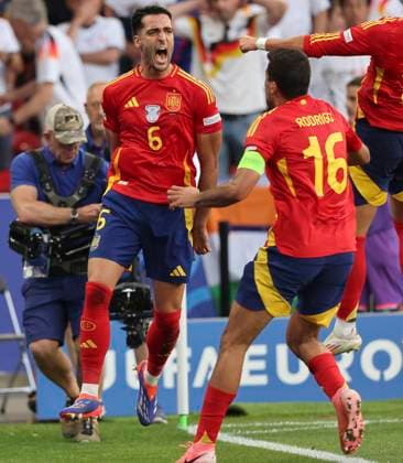 Spain v Germany UEFA EURO, EM, Europameisterschaft,Fussball 2024 Quarter-final Mikel Merino of Spain celebrates scoring his sides 2nd goal during the UEFA Euro 2024 Quarter-final match between Spain and Germany at MHPArena, Stuttgart UK Newspapers OUT Copyright: xPaulxChestertonx FIL-20320-0045