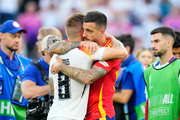 Spain v Germany: Quarter-Final - UEFA EURO, EM, Europameisterschaft,Fussball 2024 Toni Kroos central midfield of Germany and Real Madrid and Joselu centre-forward of Spain and Real Madrid after the UEFA EURO 2024 quarter-final match between Spain and Germany at Stuttgart Arena on July 5, 2024 in Stuttgart, Germany. Stuttgart Germany  Copyright: xJosexBretonx originalFilename:bretonhernandez-spainvge240705_npVut.jpg