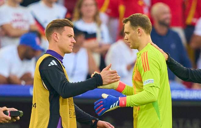 Manuel NEUER, DFB 1 goalkeeper, sad, Marc-Andre ter STEGEN, DFB 22 after the quarter final match GERMANY - SPAIN 1-2 of the UEFA European Championships 2024 on Jul 5, 2024 in Stuttgart, Germany.