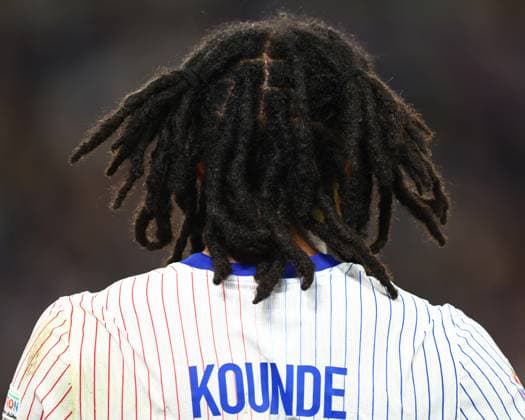 Portugal v France 5 July 2024, Hamburg - UEFA EUROs - Quarter-Final - Portugal v France - The hair of Jules Kounde of France - Photo: Charlotte Wilson Offside. Hamburg Germany Copyright: xCharlottexWilsonx xOffsidexOffside