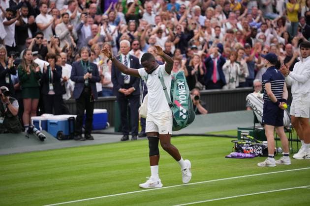 LONDON, ENGLAND - JULY 5: Frances Tiafoe (USA) during his Gentlemen s Singles Third Round match against Carlos Alcaraz (ESP) during day five of The Championships Wimbledon 2024 at All England Lawn Tennis and Croquet Club on July 5, 2024 in London, England.  Copyright: xHiroshixSatox