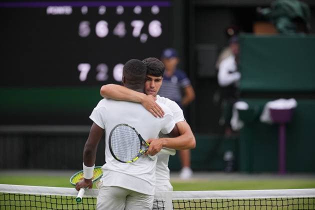 LONDON, ENGLAND - JULY 5: Carlos Alcaraz (ESP) celebrates during his Gentlemen s Singles Third Round match against Frances Tiafoe (USA) during day five of The Championships Wimbledon 2024 at All England Lawn Tennis and Croquet Club on July 5, 2024 in London, England  Copyright: xHiroshixSatox