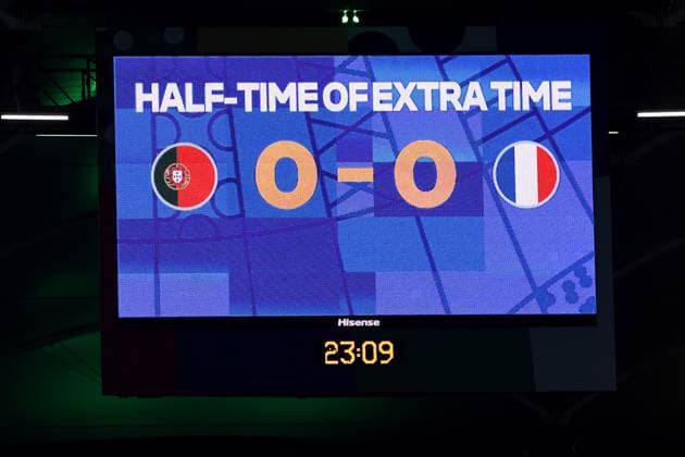 Fußball UEFA EURO, EM, Europameisterschaft,Fussball 2024 Viertelfinale Portugal - Frankreich am 05.07.2024 im Volksparkstadion Hamburg in Hamburg Anzeigetafel Videowand 0:0 Halbzeit Verlängerung