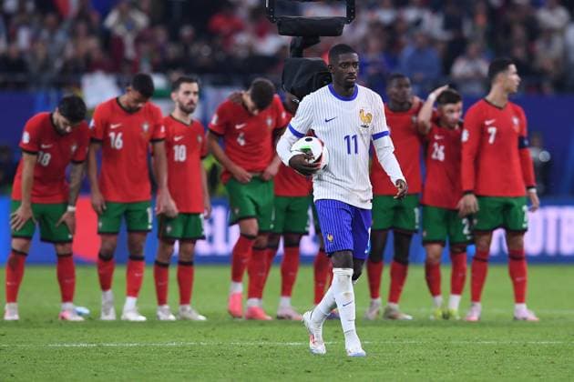 Fußball UEFA EURO, EM, Europameisterschaft,Fussball 2024 Viertelfinale Portugal - Frankreich am 05.07.2024 im Volksparkstadion Hamburg in Hamburg Ousmane Dembele ( Frankreich ) Elfmeter Elfmeterschießen