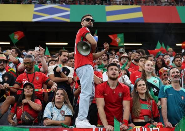 Hamburg, Germany, 5th July 2024. Portugal fans during the UEFA European Championships Quarter Final match at Volksparkstadion, Hamburg. Picture credit should read: Paul Terry Sportimage EDITORIAL USE ONLY. No use with unauthorised audio, video, data, fixture lists, club league logos or live services. Online in-match use limited to 120 images, no video emulation. No use in betting, games or single club league player publications. SPI-3217-0119