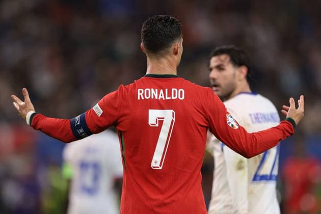 Hamburg, Germany, 5th July 2024. Cristiano Ronaldo of Portugal reacts during the UEFA European Championships quarter final match at Volksparkstadion, Hamburg. Picture credit should read: Jonathan Moscrop Sportimage EDITORIAL USE ONLY. No use with unauthorised audio, video, data, fixture lists, club league logos or live services. Online in-match use limited to 120 images, no video emulation. No use in betting, games or single club league player publications. SPI-3219-0084