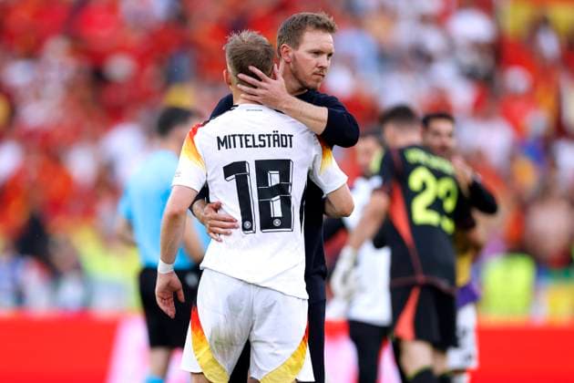 NAGELSMANN Julian Trainer Team Deutschland nach dem Spiel mit MITTELSTAEDT Maximilian UEFA Fussball EURO 2024 in Deutschland Viertelfinale Spanien - Deutschland 2 : 1 am 05.07.2024 in Stuttgart DFL REGULATIONS PROHIBIT ANY USE OF PHOTOGRAPHS as IMAGE SEQUENCES and or QUASI-VIDEO Copyright: xLacixPerenyix