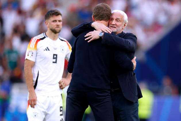 NAGELSMANN Julian Trainer Team Deutschland nach dem Spiel mit VOELLER Rudi DFB Sportvorstand UEFA Fussball EURO 2024 in Deutschland Viertelfinale Spanien - Deutschland 2 : 1 am 05.07.2024 in Stuttgart DFL REGULATIONS PROHIBIT ANY USE OF PHOTOGRAPHS as IMAGE SEQUENCES and or QUASI-VIDEO Copyright: xLacixPerenyix