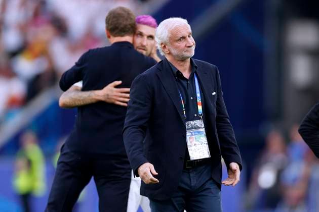 NAGELSMANN Julian Trainer Team Deutschland nach dem Spiel mit VOELLER Rudi DFB Sportvorstand UEFA Fussball EURO 2024 in Deutschland Viertelfinale Spanien - Deutschland 2 : 1 am 05.07.2024 in Stuttgart DFL REGULATIONS PROHIBIT ANY USE OF PHOTOGRAPHS as IMAGE SEQUENCES and or QUASI-VIDEO Copyright: xLacixPerenyix