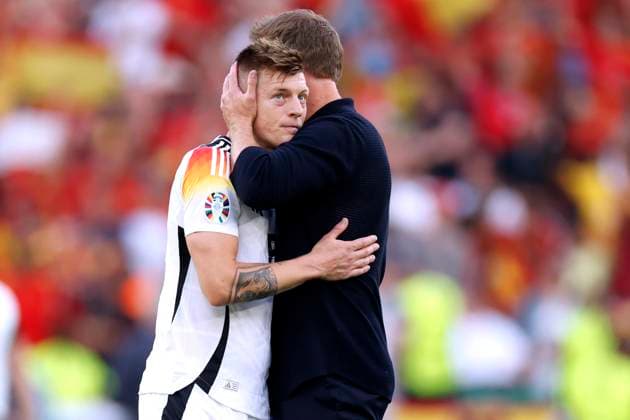 NAGELSMANN Julian Trainer Team Deutschland nach dem Spiel mit KROOS Toni UEFA Fussball EURO 2024 in Deutschland Viertelfinale Spanien - Deutschland 2 : 1 am 05.07.2024 in Stuttgart DFL REGULATIONS PROHIBIT ANY USE OF PHOTOGRAPHS as IMAGE SEQUENCES and or QUASI-VIDEO Copyright: xLacixPerenyix