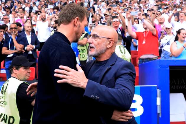 NAGELSMANN Julian Trainer Team Deutschland mit Trainer DE LA FUENTE UEFA Fussball EURO 2024 in Deutschland Viertelfinale Spanien - Deutschland 2 : 1 am 05.07.2024 in Stuttgart DFL REGULATIONS PROHIBIT ANY USE OF PHOTOGRAPHS as IMAGE SEQUENCES and or QUASI-VIDEO Copyright: xLacixPerenyix
