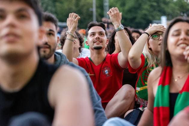 July 5, 2024, Porto, Portugal: Portugal fans react while watching the Portugal vs France match on a giant outdoor screen at Amor de Perdicao square in Porto downtown. France wins in penalty shootout, advances to semifinals. Porto Portugal - ZUMAs197 20240705_aaa_s197_306 Copyright: xDiogoxBaptistax