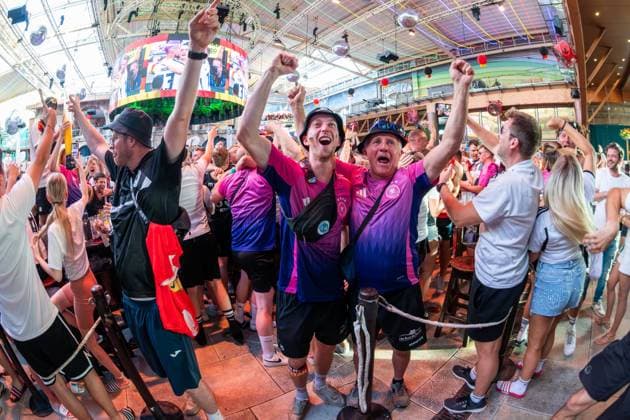 20240705 Euro 2024 PALMA, SPAIN - JULY 5 2024 : Fussball Fans am Ballermann at - Euro 2024 on July 5, 2024 in Palma, . Palma Baleares Spain