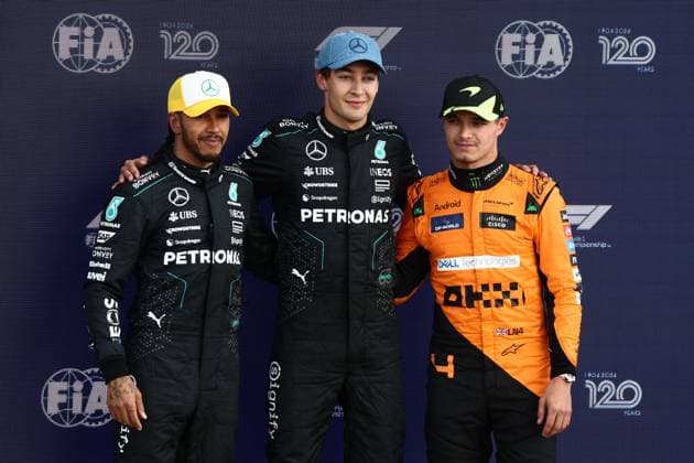 F1 British Grand Prix 2024 Qualifying Lewis Hamilton, George Russell of Mercedes and Lando Norris of McLaren after qualifying ahead of the Formula 1 British Grand Prix at Silverstone Circuit in Northampton, Great Britain on July 6, 2024. Northampton United Kingdom  Copyright: xJakubxPorzyckix originalFilename:porzycki-f1britis240706_npV8b.jpg