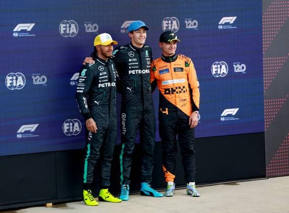 44 Lewis Hamilton (GBR, Mercedes-AMG Petronas F1 Team), 63 George Russell (GBR, Mercedes-AMG Petronas F1 Team), 4 Lando Norris (GBR, McLaren Formula 1 Team), F1 Grand Prix of Great Britain at Silverstone Circuit on July 6, 2024 in Silverstone, Great Britain. (Photo by HOCH ZWEI) Silverstone Great Britain